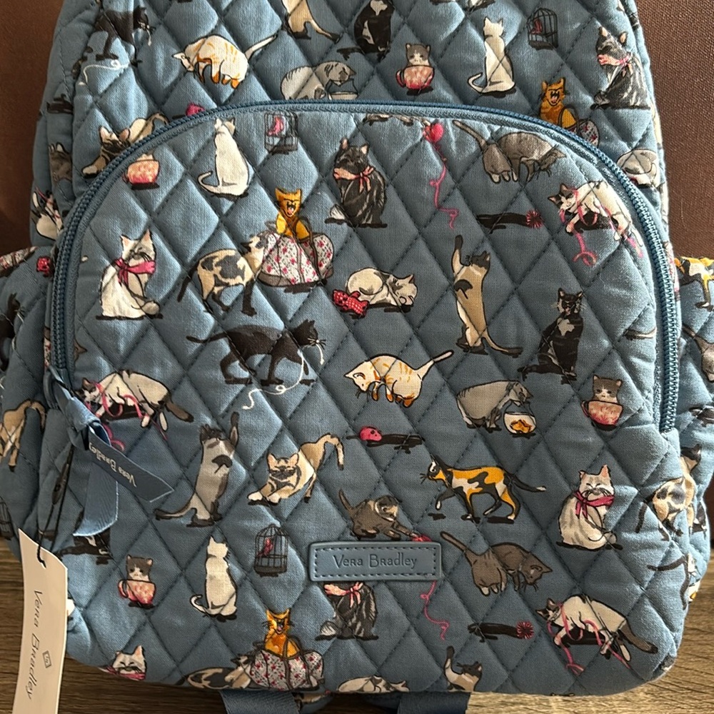 Vera Bradley Quilted Blue Cat Print Backpack - Picture 4 of 7